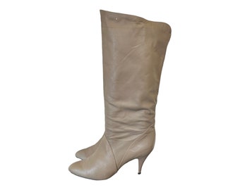 Vintage Boots-Taupe Boots-Slouch Boots-US Women Size 10-1980s-High Heels-Knee High Boots-Sexy-Vintage Women Wear-Gift For Her-Women Boots.