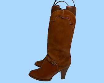 Buty w stylu western z lat 80.: brązowe, skórzane, do połowy łydki, rozmiar 8