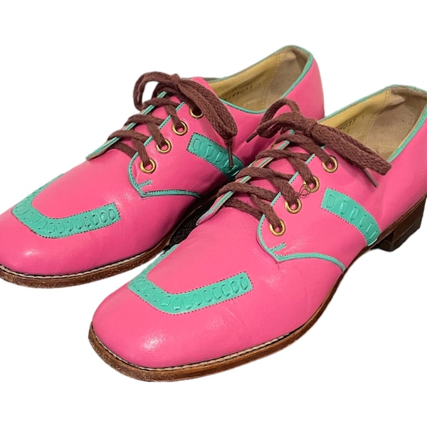 1940s Vintage Pink And Green Genuine Leather Orthopedic Women Shoes-US Women Size 8-Dr Hiss By Dr Drew-Lace Up Shoes-Vintage Women Wear-Shoe