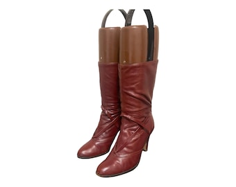 Botas vintage de tacón alto de piel burdeos de los años 80 - Talla 5.5 para mujer (EE. UU.)