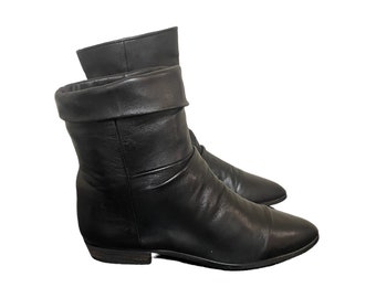 1990s Vintage Black Genuine Leather Women Ankle Boots-US Women Size 7-Slouchy Boots-Ankle Boots-Cuff Down-Flat Boots-Vintage Women Wear-Boot