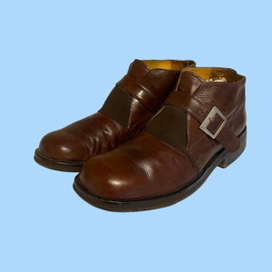 80er Vintage Braune Leder Stiefeletten: Brogue Schnalle Design, US Men&#39;s 10.5