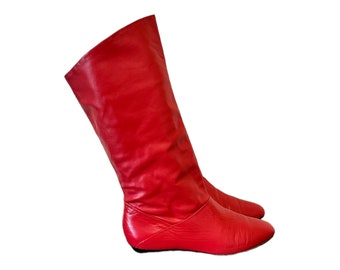 Vintage Boots-Red Boots-Slouch Boots-US Women Size 9.5-Knee High Boots-Fire Engine Red-Genuine Leather 1980s-Women Boots-Vintage Women Wear.