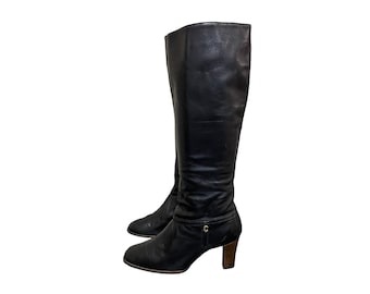 1980s Vintage Tall Black Genuine Leather Cobbies Zip Up Boots-US Women Sz 8-Genuine Leather-Full Zipper-Wood Stack Heels-Vintage Women Wear.