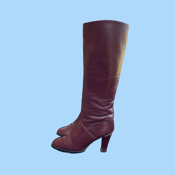 80s Vintage Boots-Tall Women Boots-High Heel boots-Etienne Aigner-U S Women size 7-Burgundy zip up boots-Genuine Leather-Riding boots.
