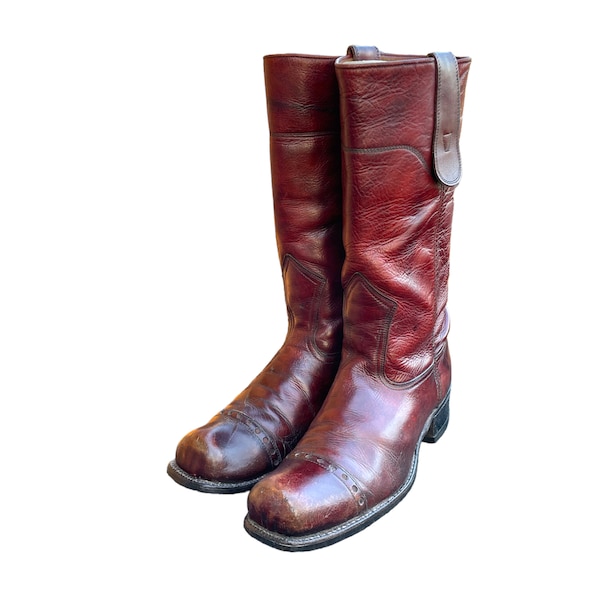 80s Vintage Boots-Burgundy Engineer Boots-US Men Size 10-Pull On Work Boots-Genuine Leather-Vintage Men Wear-Men Campus Boots-Leather Soles.