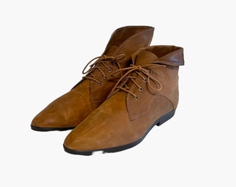 Vintage Brown Leather Ankle Boots - 1990s Lace Up Size 9