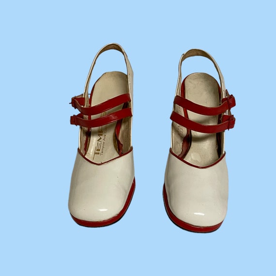 70s Patent Leather Vintage Red And White Pumps-Hi… - image 5