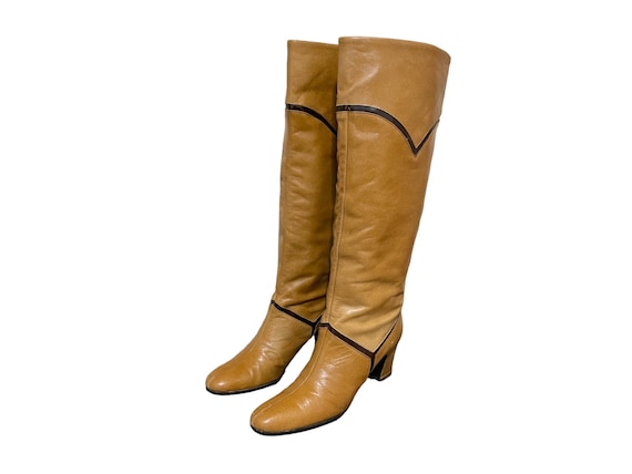 1960s Vintage Tall Two Tone Brown Leather Knee Hi… - image 1