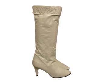 1980s Vintage Cream Colored Joyce Of California Knee High Slouch Boots-US Women Size 8-Genuine Leather-Pull On Boots-Women Boots-Vintage.