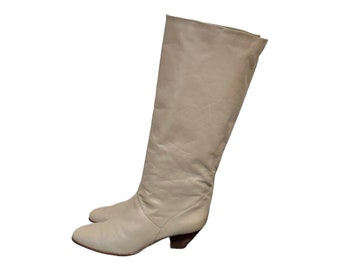 Vintage Boots-Taupe Boots-Slouch Boots-US Women Size 9.5-Knee High Boots-Pull On-1980s-Women Boots-Vintage Women Wear-Gift For Her-Boots.