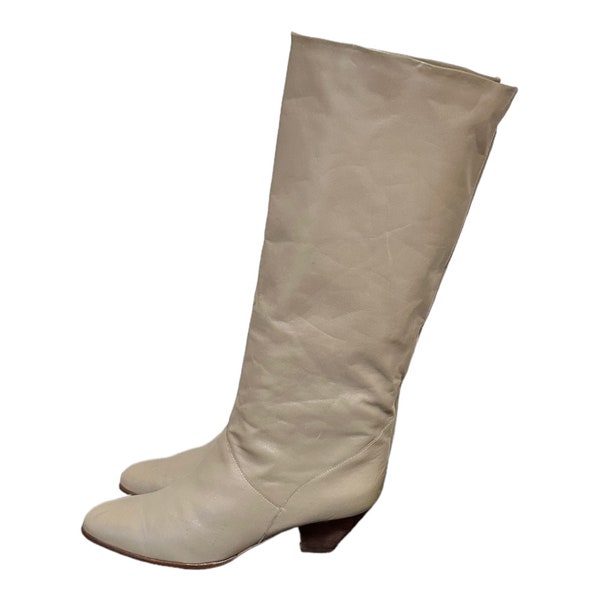 Vintage Boots-Taupe Boots-Slouch Boots-US Women Size 9.5-Knee High Boots-Pull On-1980s-Women Boots-Vintage Women Wear-Gift For Her-Boots.