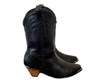 Vintage Boots-Black Boots-Dingo Boots-US Women Size 8-1980s-Western-Cowboy Boots-Women Boots-Genuine Leather-Made In USA-Pull On-Sexy Boots.