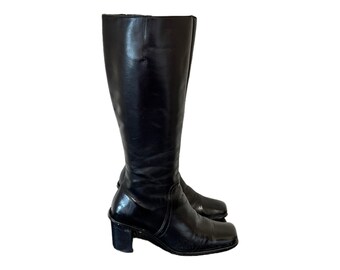 Vintage Boots-Black Boots-Riding Boots-US Women Size 7-Square Toe-Full Zipper-1980s-Knee High Boots-Gift For Her-Vintage Women Wear-Boots.