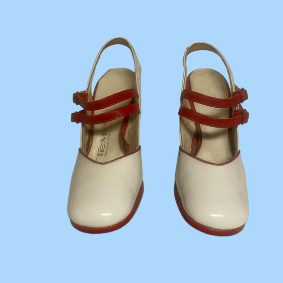 70s Patent Leather Vintage Red And White Pumps-Hi… - image 3