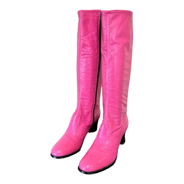 Vintage-US When SZ 7.5-Barbie Doll Pink-80s Women-Tall Genuine Leather-Zip Up-Go Go Boots-Gift for her-Disco Boots-Vintage 1980s.
