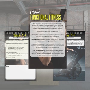 Op de afbeelding: Een 8-weeks functioneel fitnessprogramma ontworpen om de algehele kracht, uithoudingsvermogen, mobiliteit en conditie te verbeteren. Het programma is onderverdeeld in vier fasen: Basis, Progressie, Kracht en uithoudingsvermogen, en Top-prestaties. Het programma bevat een beschrijving van elke fase en de uit te voeren oefeningen.