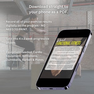 Op de afbeelding: Een smartphone die een 4-weken functioneel fitnessprogramma weergeeft. Het programma is ontworpen om de algehele kracht, uithoudingsvermogen, mobiliteit en conditie te verbeteren door middel van functionele bewegingen. Het programma is verdeeld in drie fasen, die geleidelijk in intensiteit toenemen. De fasen zijn Foundation, Progression, Power and Endurance en Peak Performance.