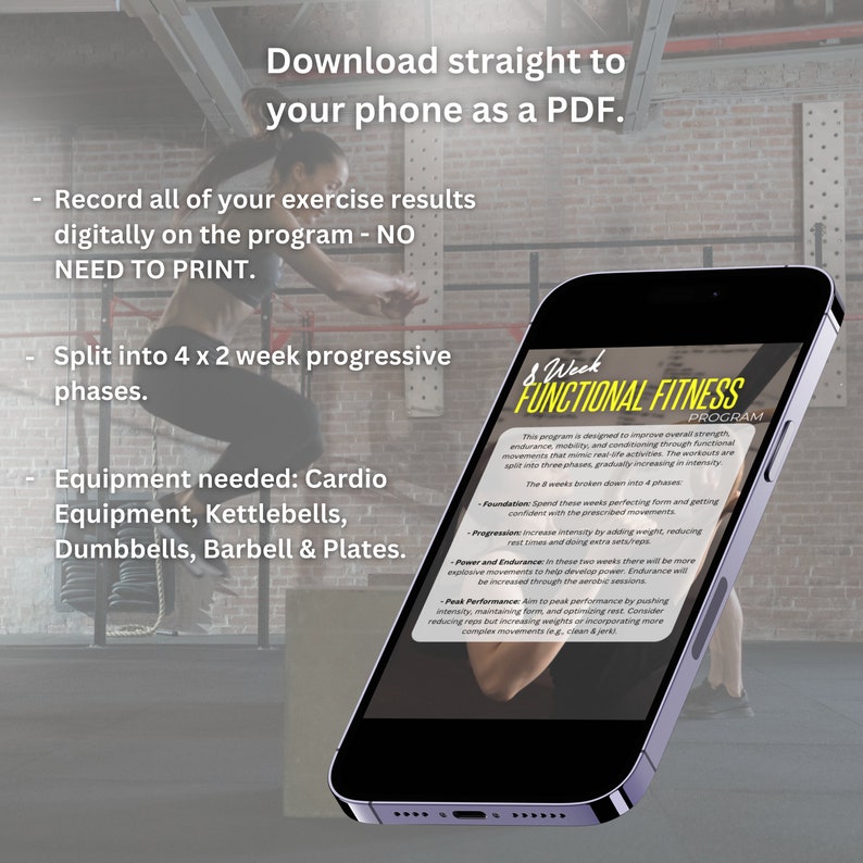Op de afbeelding: Een smartphone die een 4-weken functioneel fitnessprogramma weergeeft. Het programma is ontworpen om de algehele kracht, uithoudingsvermogen, mobiliteit en conditie te verbeteren door middel van functionele bewegingen. Het programma is verdeeld in drie fasen, die geleidelijk in intensiteit toenemen. De fasen zijn Foundation, Progression, Power and Endurance en Peak Performance.
