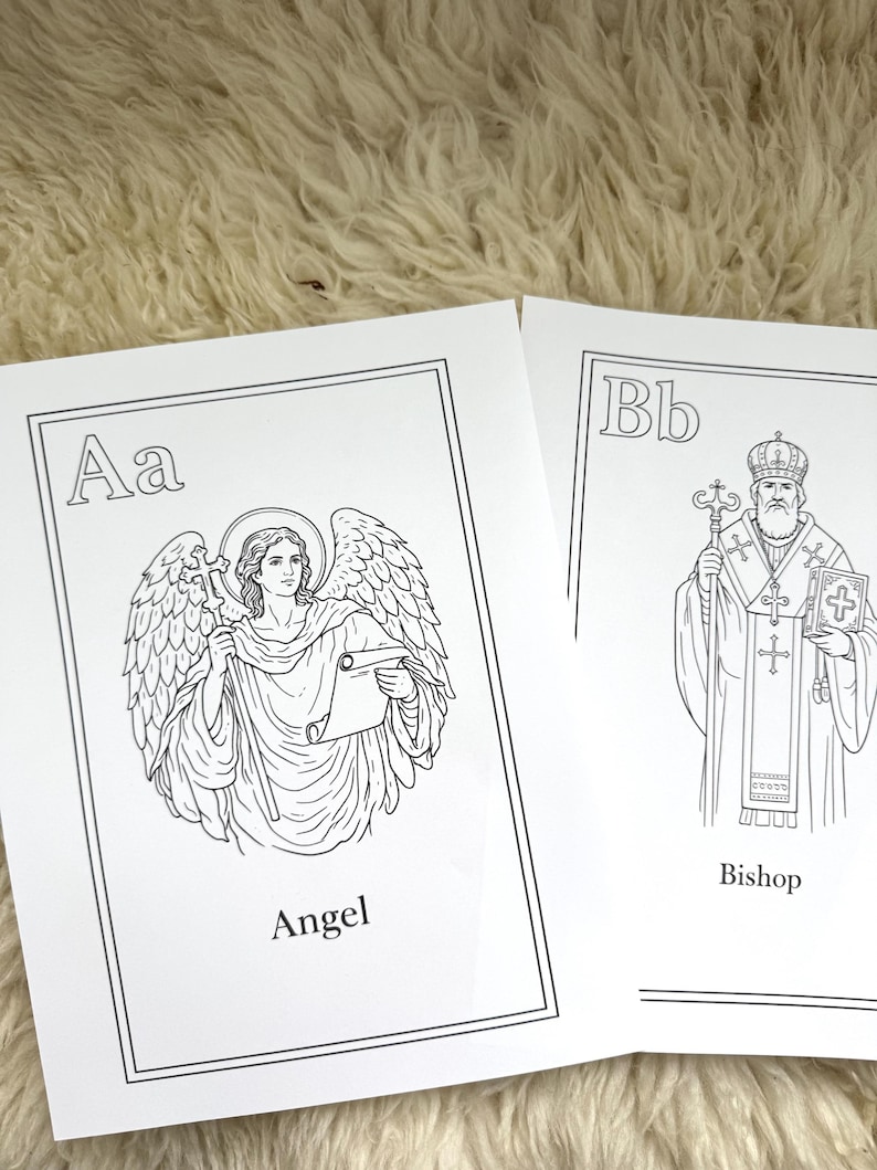 May include: Two black and white illustrations on white paper. One shows an angel holding a scroll, labeled "Angel". The other depicts a bishop with a cross, labeled "Bishop". The illustrations are part of an alphabet series.