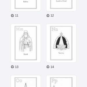 May include: Black and white line art illustrations on white cards. The cards feature religious symbols and words, including "Koliva," "Lamb of God," "Monk," "Nativity," "Oil," and "Pascha." Each card has a letter of the alphabet in the upper left corner.