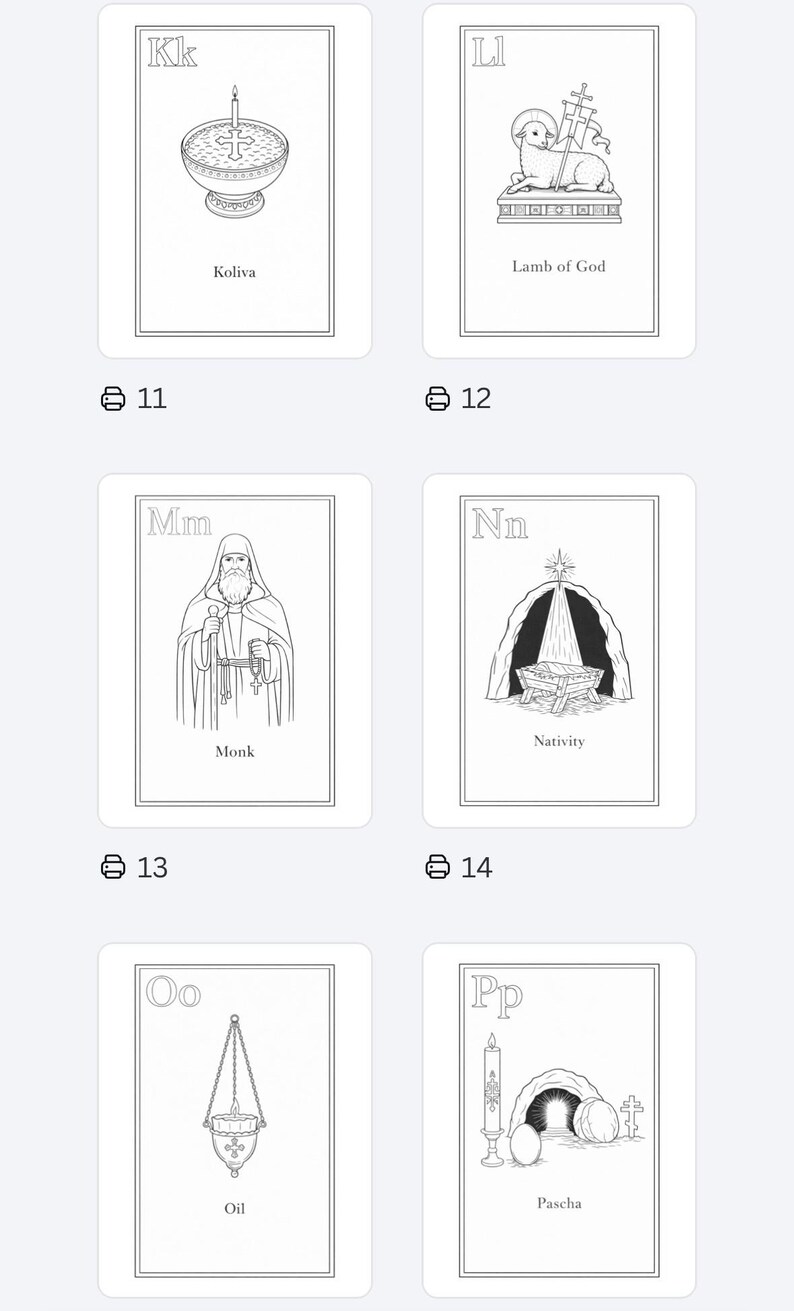 May include: Black and white line art illustrations on white cards. The cards feature religious symbols and words, including "Koliva," "Lamb of God," "Monk," "Nativity," "Oil," and "Pascha." Each card has a letter of the alphabet in the upper left corner.