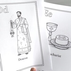 May include: Black and white illustrations of religious figures and symbols. One image depicts a deacon holding a censer, labeled "Deacon." Another shows a chalice and a wafer, labeled "Eucharist."