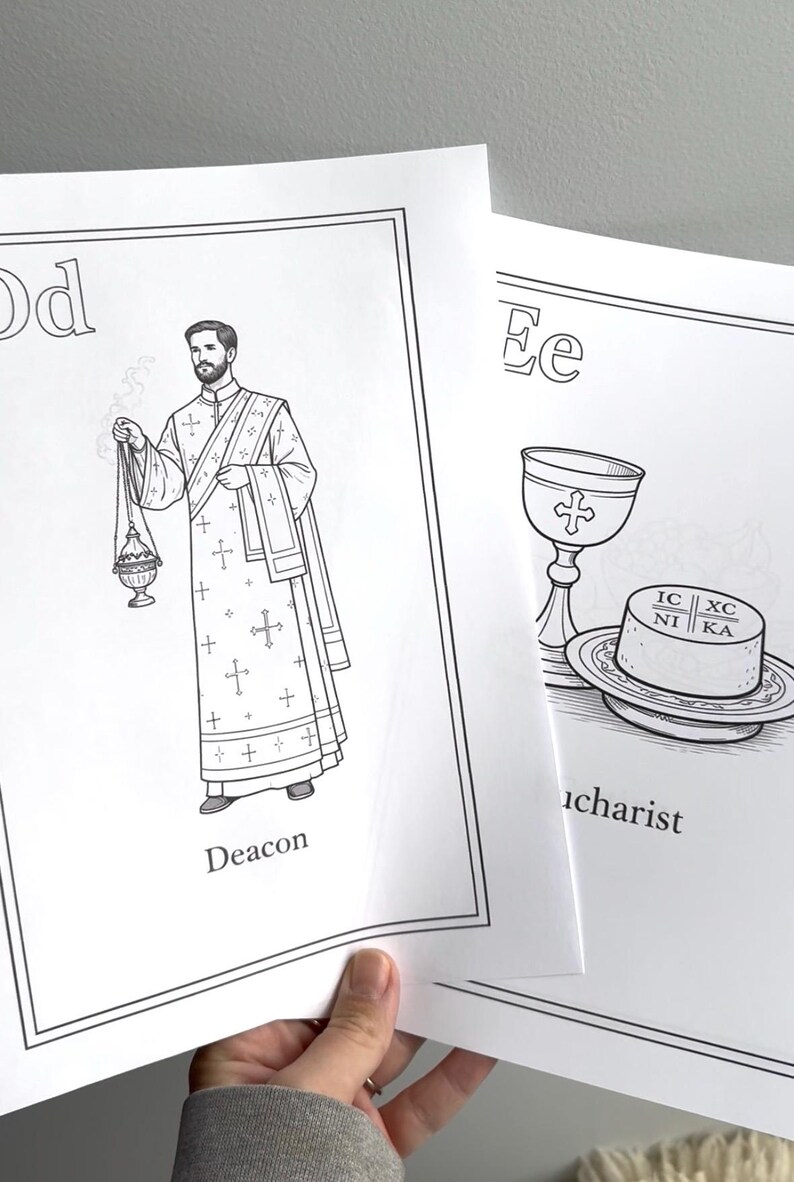 May include: Black and white illustrations of religious figures and symbols. One image depicts a deacon holding a censer, labeled "Deacon." Another shows a chalice and a wafer, labeled "Eucharist."