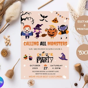 Calling All Monsters Halloween Party Invitation, Editable Kids Halloween Party Invite Template, Monster Mummy Party Invite