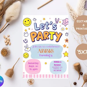Preppy Smiley Face Birthday invite Editable Groovy Retro birthday, Teen Party, Tween Birthday, Any Age Disco Girl Birthday Emoji