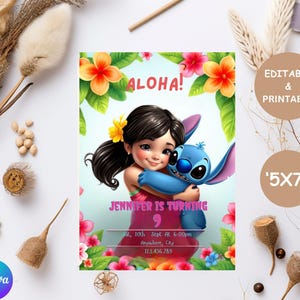 Editable Stitch Birthday Invitation, Printable Cartoon Birthday Invitation, Digital Kids Party Invite, Canva template, Instant Download