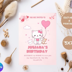 Bearbeitbare Kitty-Geburtstagseinladung, Kitty-Digital-Geburtstagsvorlage, süßes rosa Geburtstagsthema, Kitty Canva-Vorlage, sofortiger Download, rosa