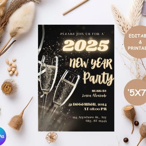 Bearbeitbare Gold Glitter Silvester Party Einladung 2025 | Urlaub Party Canva Vorlage | Digitale Silvestereinladung