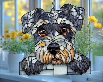 Schnauzer Dog Acrylic Faux Stained Glass Suncatcher, Pet Memorial Window Decor for Dog Lovers, Unique Gift for Mom or Pet Parents