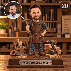 Könnte beinhalten: Eine personalisierte Wackelkopf-Figur eines bärtigen Mannes mit brauner Lederschürze über einem dunklen Hemd, der einen Hammer hält. Die Figur steht auf einem Holzsockel mit der Aufschrift "WOODWORKER'S SHOP" und Miniaturwerkzeugen.