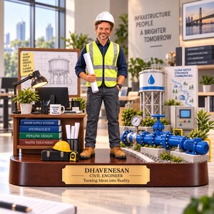 May include: A desk-top figurine of a civil engineer wearing a white hard hat and yellow safety vest, holding a blueprint. The base features a water tower model, blue piping, and a plaque reading DHAVENESAN CIVIL ENGINEER Turning Ideas into Reality.