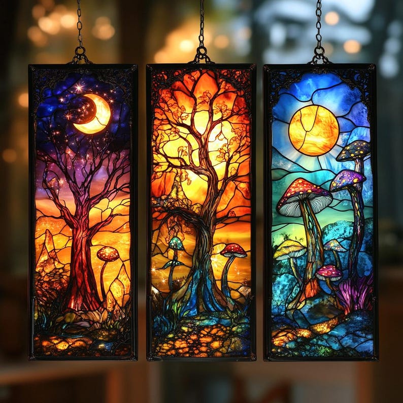 May include: Three stained glass panels with fantasy scenes. One shows a moonlit night with a tree and mushrooms. Another features a tree with an orange sunset. The third panel has a sun and mushrooms.