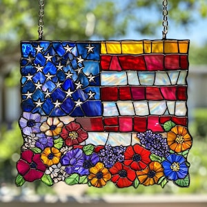 American Flag Acrylic Suncatcher, Floral Faux Stained Glass Window Hanging, Patriotic Garden Decor Gift