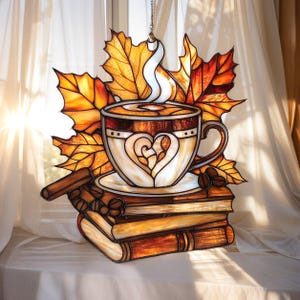 Book Lover Coffee Cup Acrylic Window Hanging – Autumn Leaves Faux Stained Glass Suncatcher Gift For Cozy Fall Reading Nook