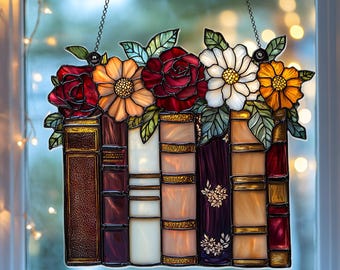 Books & Flowers Acrylic Suncatcher – Faux Stained Glass Floral Bookshelf Hanging, Gift for Readers, Book Club Window Decor