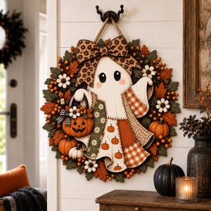 Cute Ghost Halloween Door Sign, Patchwork Ghost Wreath Door Hanger, Pumpkin Fall Front Door Decor, Spooky Season Wreath