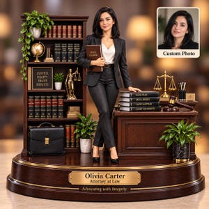 Puede incluir: Una figura personalizada de un profesional con traje oscuro en un despacho de abogados con estantería, escritorio, balanza de la justicia y mazo. La base tiene una placa dorada con el texto Olivia Carter, Attorney at Law, Advocating with Integrity.