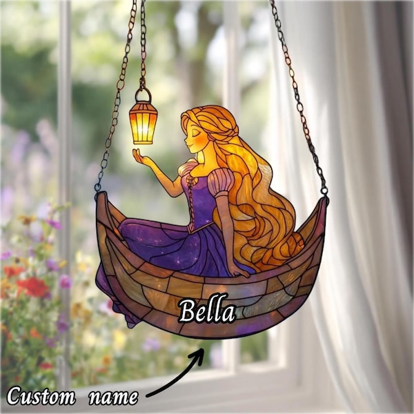 Rapunzel Lantern Scene Acrylic Suncatcher – Fairytale Faux Stained Glass Window Hanging, Tangled Princess Gift for Her, Magical Home Decor