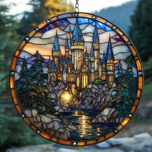 Wizard School Castle Acrylic Faux Stained Glass Suncatcher – Magical Castle Window Hanging for Fantasy Witchy & Movie Lovers