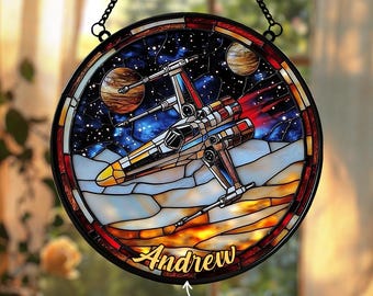Starfighter Galaxy Acrylic Faux Stained Glass Suncatcher, X-Wing Star Window Hanging, Space Decor Gift for Him May the 4th