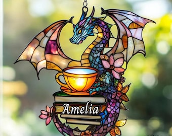 Dragon Tea Cup Acrylic Suncatcher – Fantasy Faux Stained Glass Window Hanging – Book Lover Gift for Readers & Nerdy Decor
