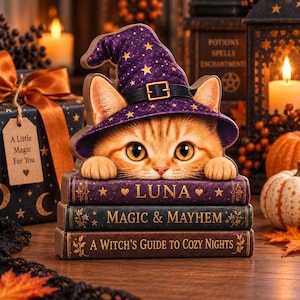 Bloc en bois personnalisé Chat Sorcière, Décoration de livres d'Halloween, Cadeau personnalisé pour les amoureux des chats, Décoration d'automne effrayante pour la maison