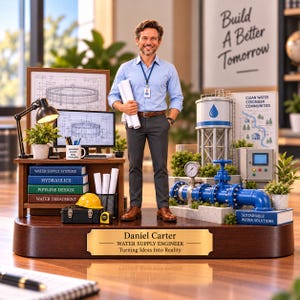 May include: A figurine of a water supply engineer named Daniel Carter standing on a wooden base. The display includes a desk with blueprints, a computer, books, a yellow hard hat, a water tower model, and blue piping with a pressure gauge.