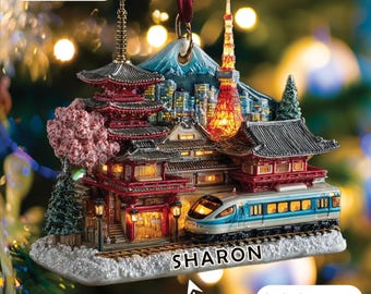 Ornamento plano 2D de pagode japonês com Torre de Tóquio e trem, decoração de vila natalina, lembrança de viagem exclusiva ao Japão.