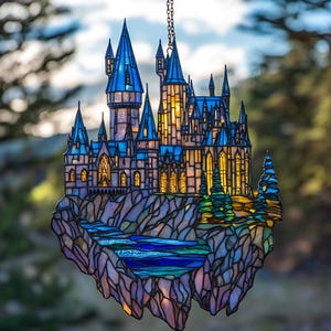 Enchanted Castle ACRYLIC Faux Stained Glass Suncatcher – Wizarding Window Hanging, Magical Decor Gift for Fantasy Lovers